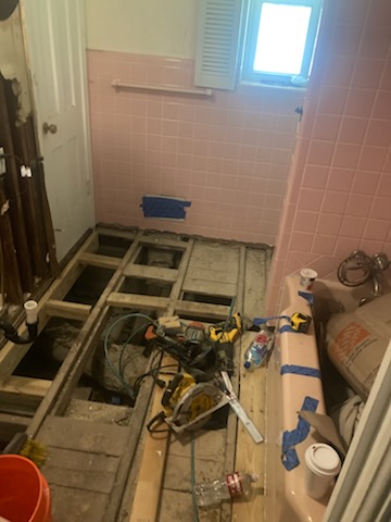 Bathroom subfloor and plumbing rough-in